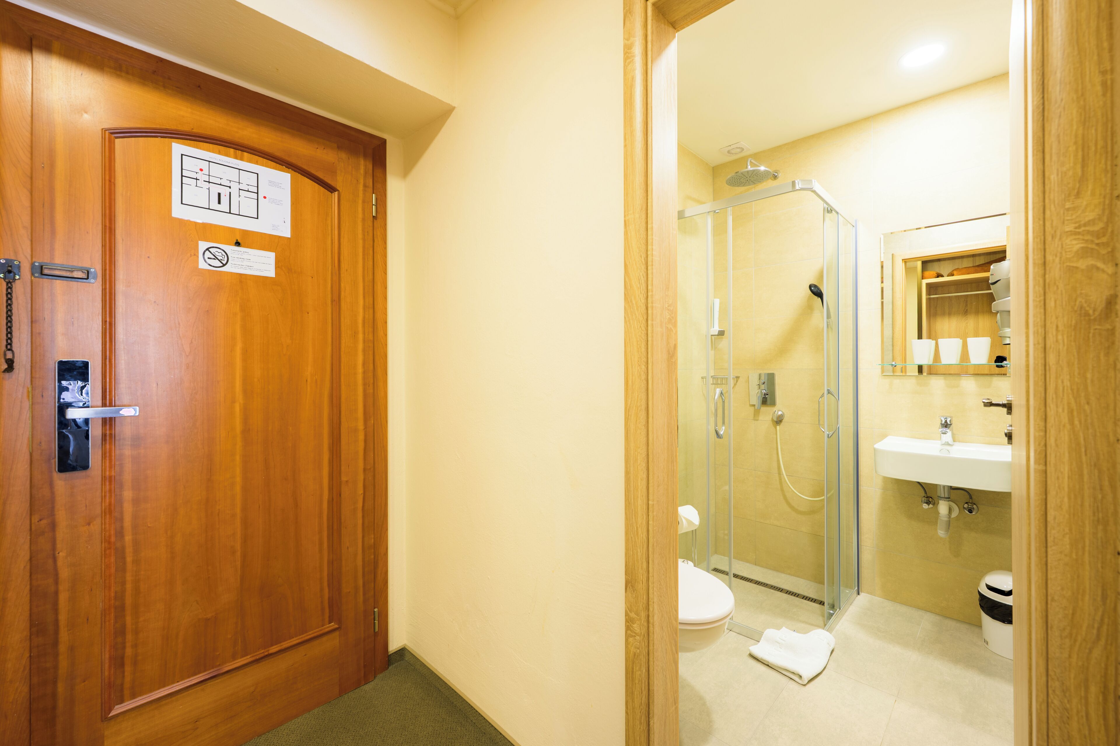 A wooden door with a fire safety sign, a glass-enclosed shower, a white toilet, and a sink with a mirror above it.