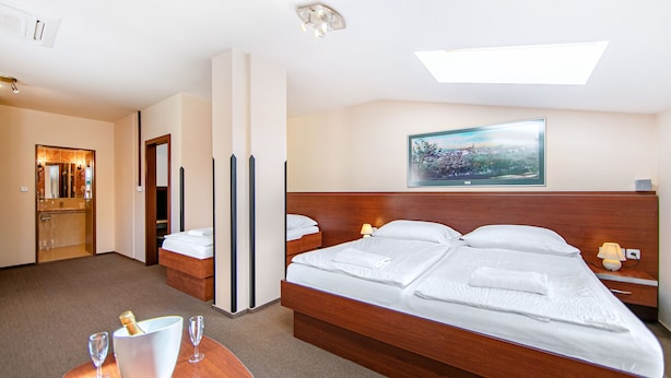 A hotel room with a large bed, a small table with a bucket and glasses, a painting on the wall, and a skylight. - Hotel Palace (Plzen)