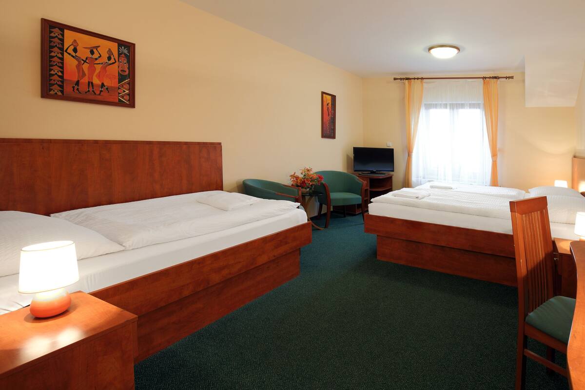 A hotel room with two single beds, a desk, a chair, a television, and a small table with flowers.
