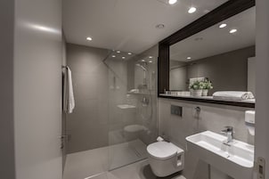 Business Apartment, 1 Bedroom, Ground Floor | Bathroom | Shower, rainfall showerhead, free toiletries, hair dryer