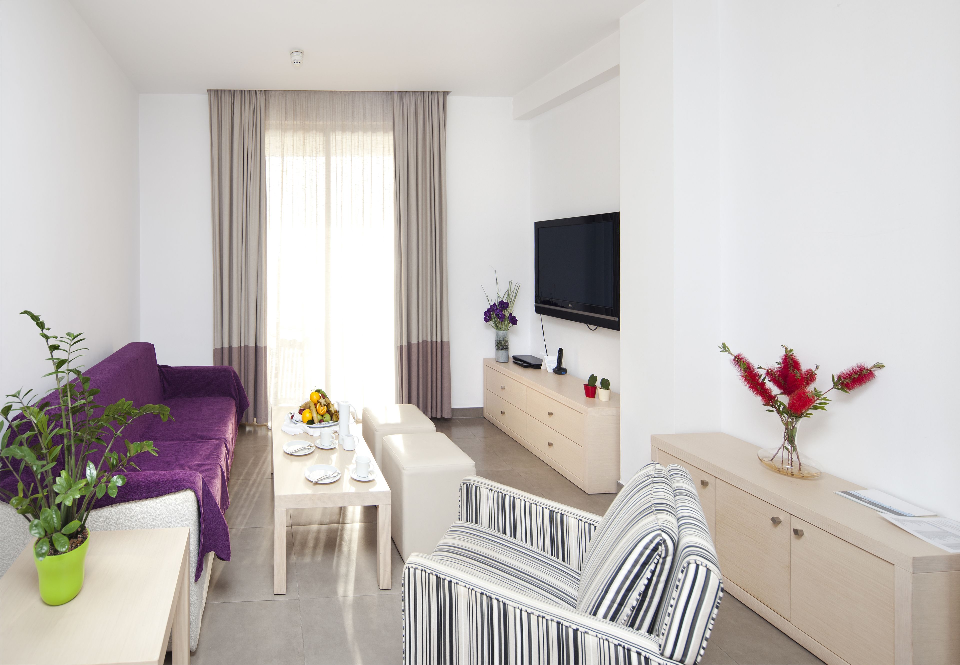 En moderne stue med sofa, en stribet stol, et spisebord med en vase blomster, et fjernsyn og et skab.