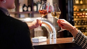 Dos personas brindan con copas de vino en un bar.