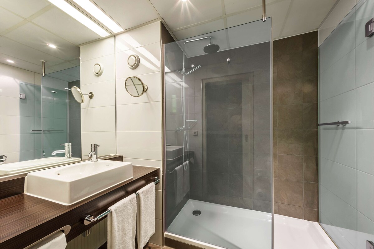 A modern bathroom with a glass-enclosed shower, a large mirror, and a dual sink vanity.