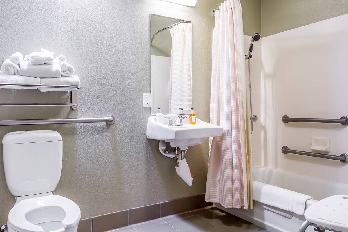 combined shower/bathtub, designer toiletries, hair dryer, towels