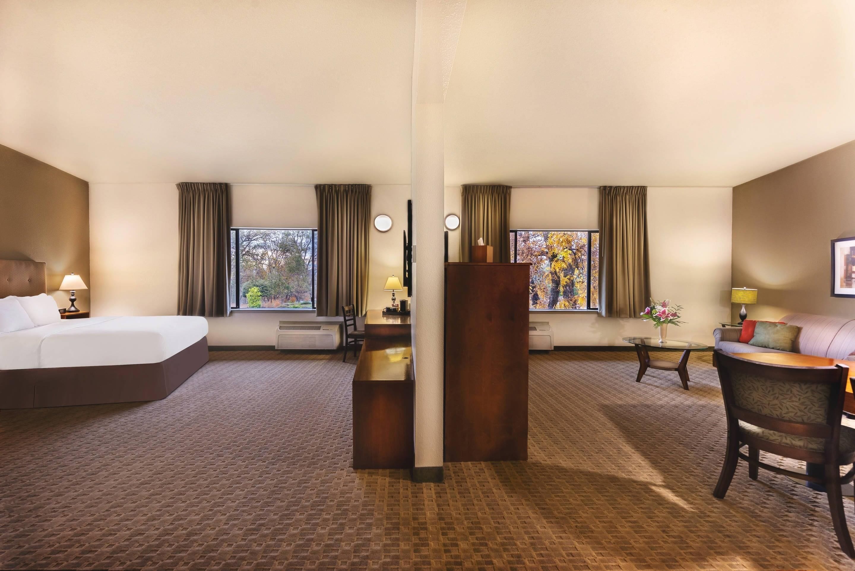 Ein Hotelzimmer mit einem großen Bett, einem Schreibtisch, einem Stuhl und Blick auf Bäume durch die Fenster.