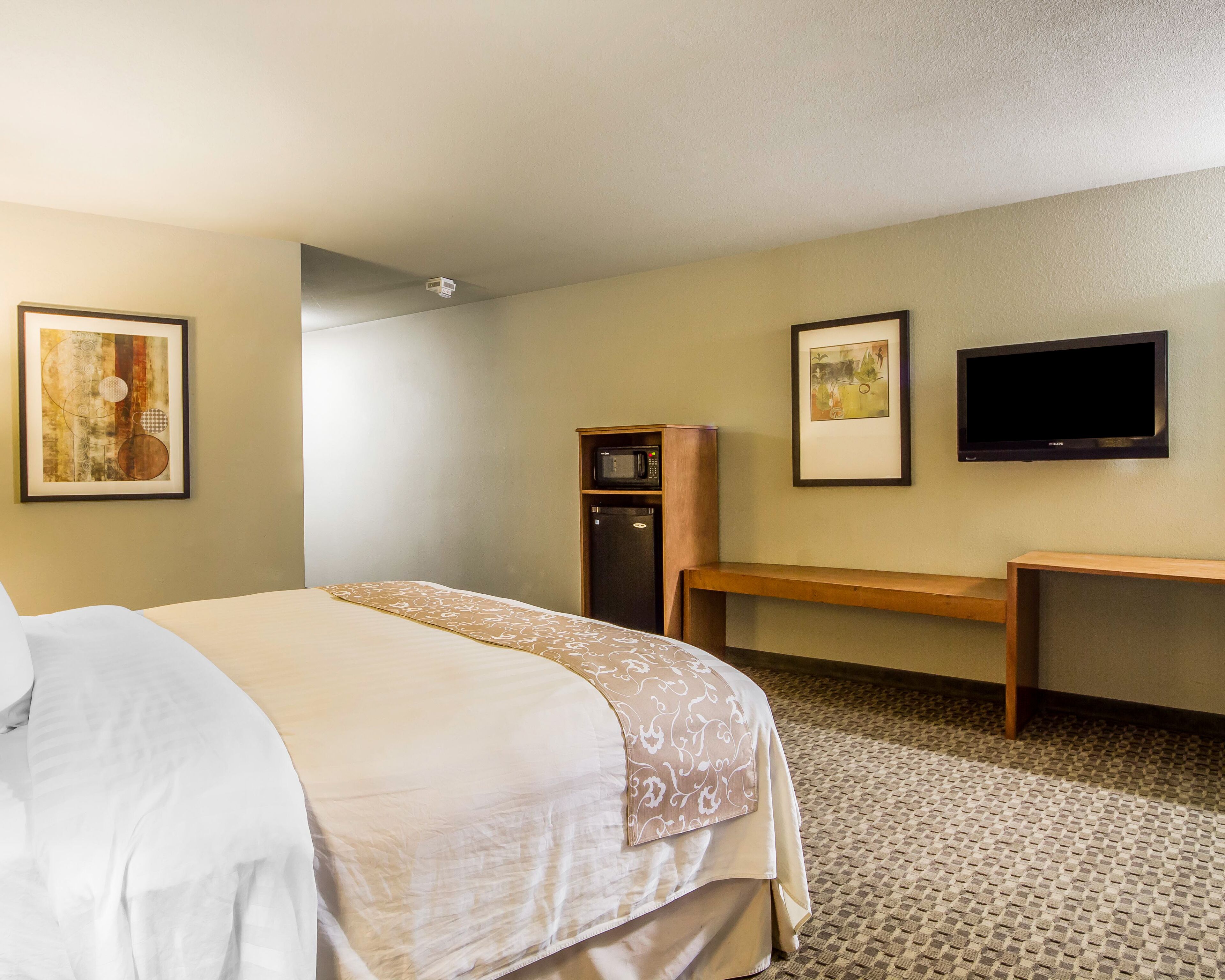 A hotel room with a bed, a desk, a microwave, and a TV.