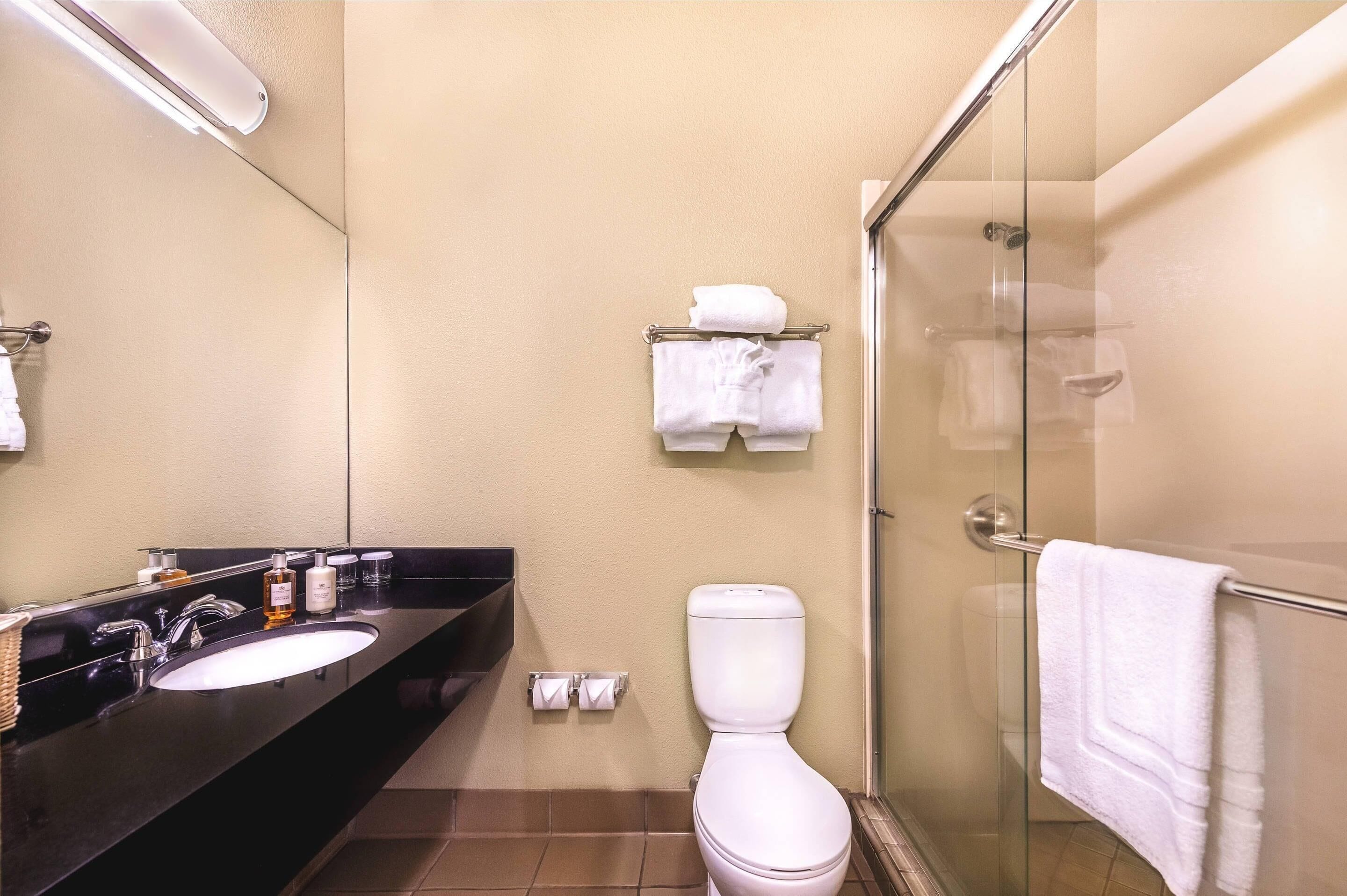 Bany modern amb un vàter negre, un vàter blanc i una cabina de dutxa de vidre.
