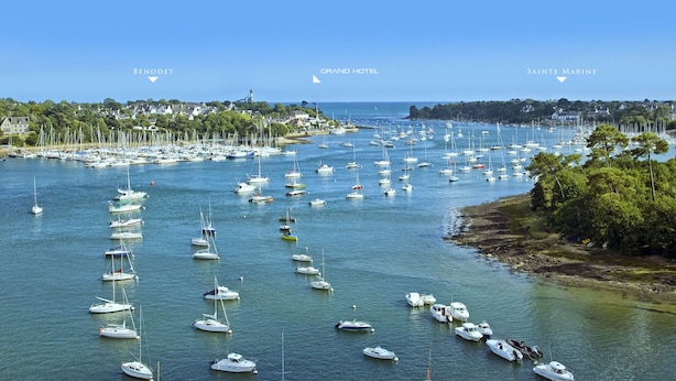 Un port de plaisance où sont amarrés de nombreux bateaux, entouré d’une ville côtière avec ses bâtiments et ses arbres.