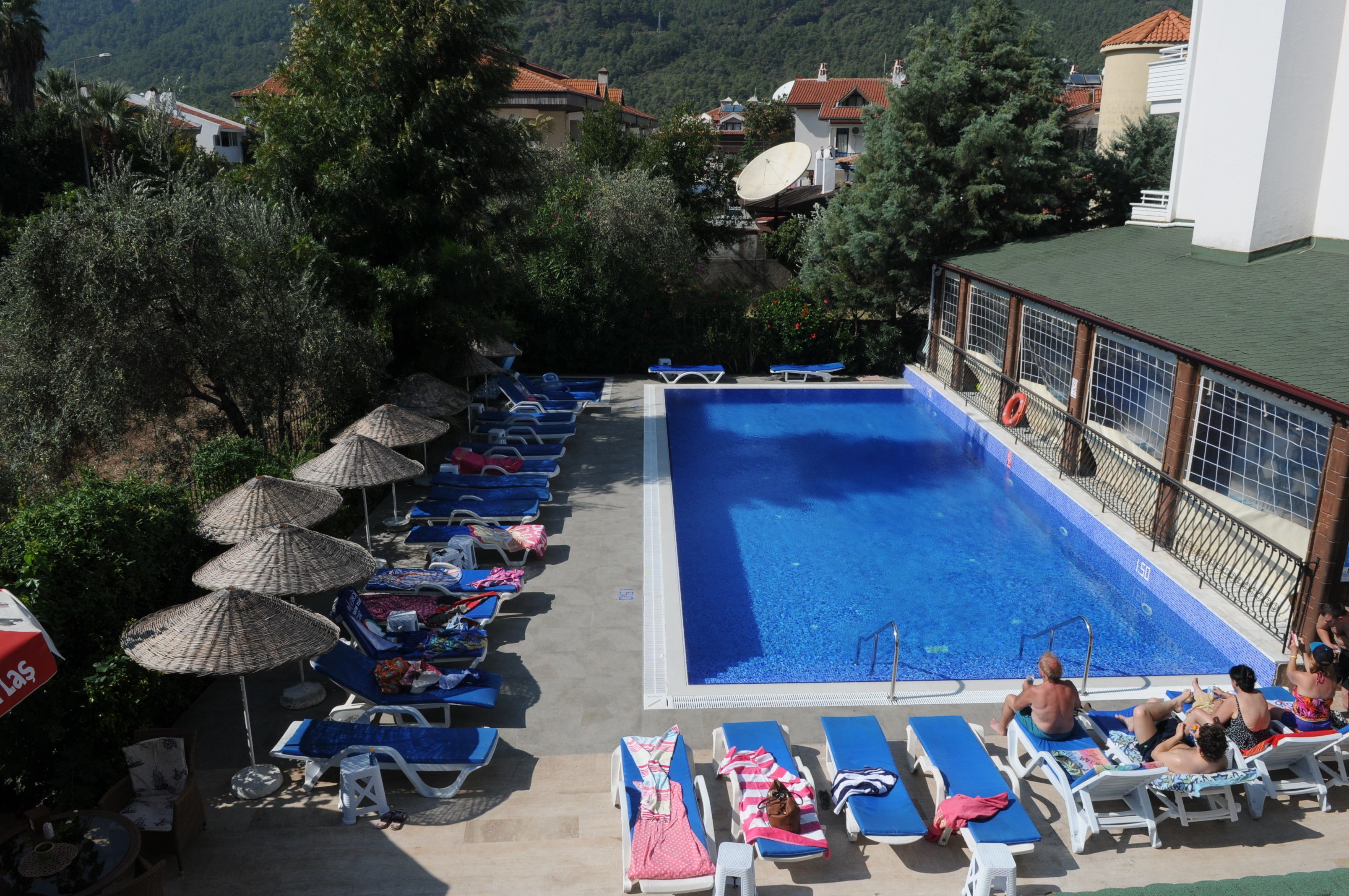 A rooftop swimming pool with lounge chairs and umbrellas, surrounded by trees and buildings.