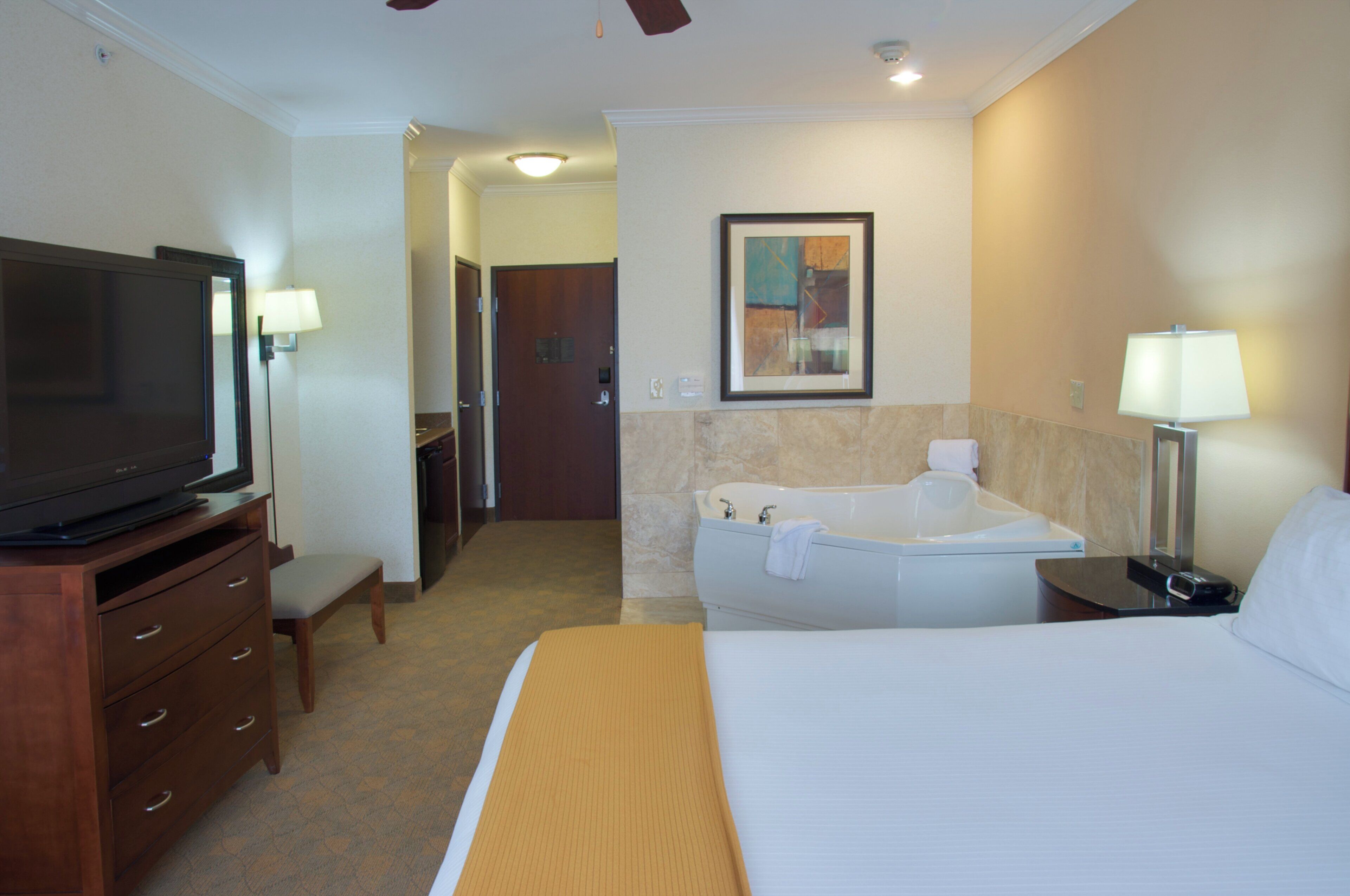 Una habitación de hotel con una cama, un televisor sobre una cómoda de madera, una bañera y un cuadro en la pared.