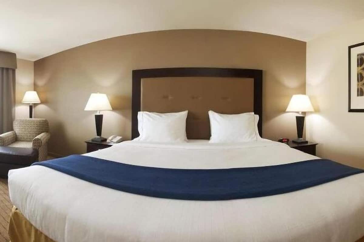 Una cama grande con sábanas blancas y una manta azul oscuro, flanqueada por dos mesitas de noche con lámparas, una silla y un cuadro en la pared.