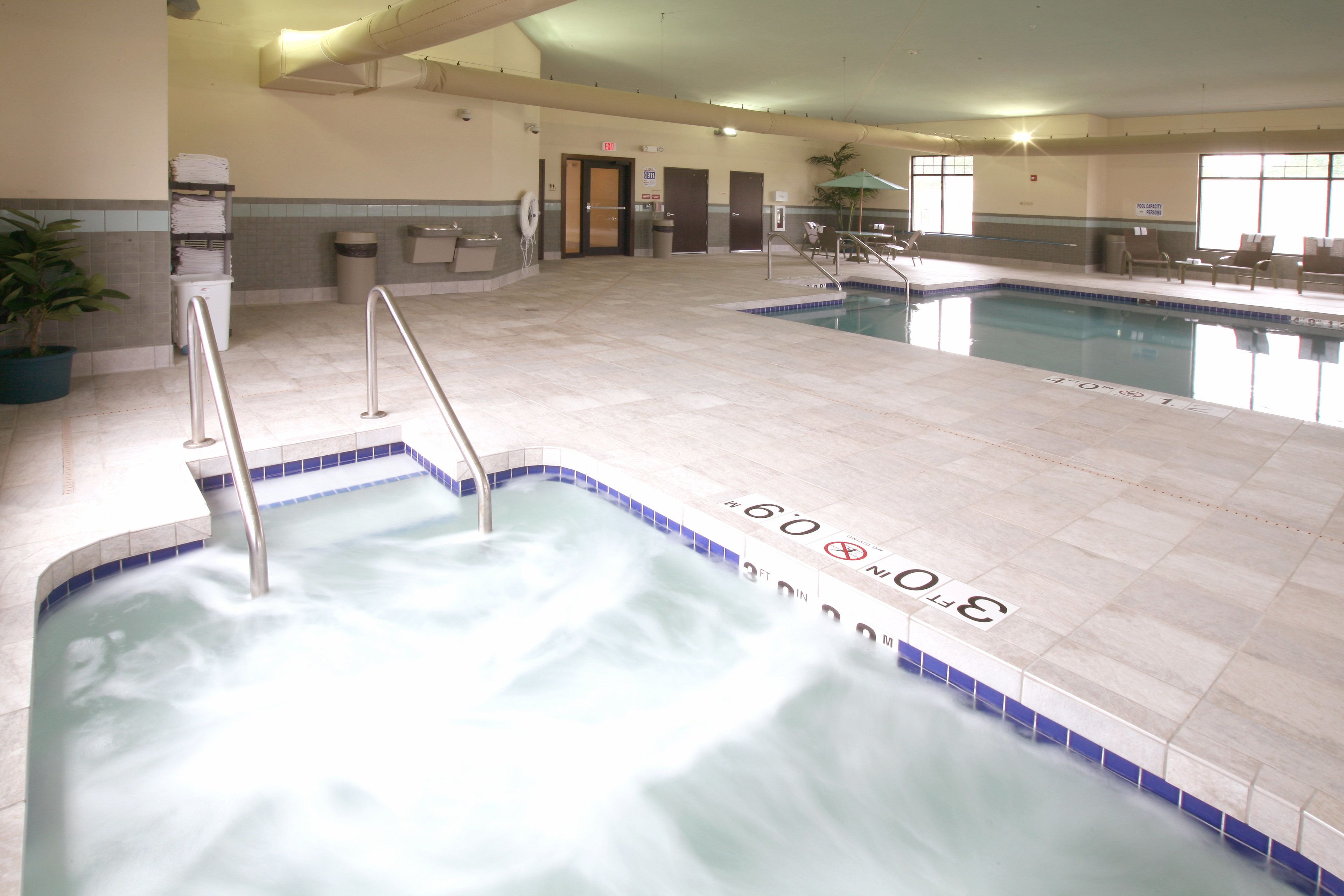 indoor pool, pool loungers