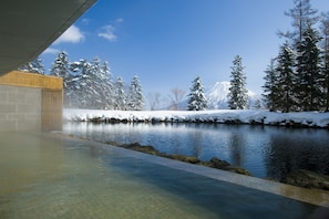 Zona de spa con aguas termales, rodeada de árboles cubiertos de nieve y una montaña al fondo.