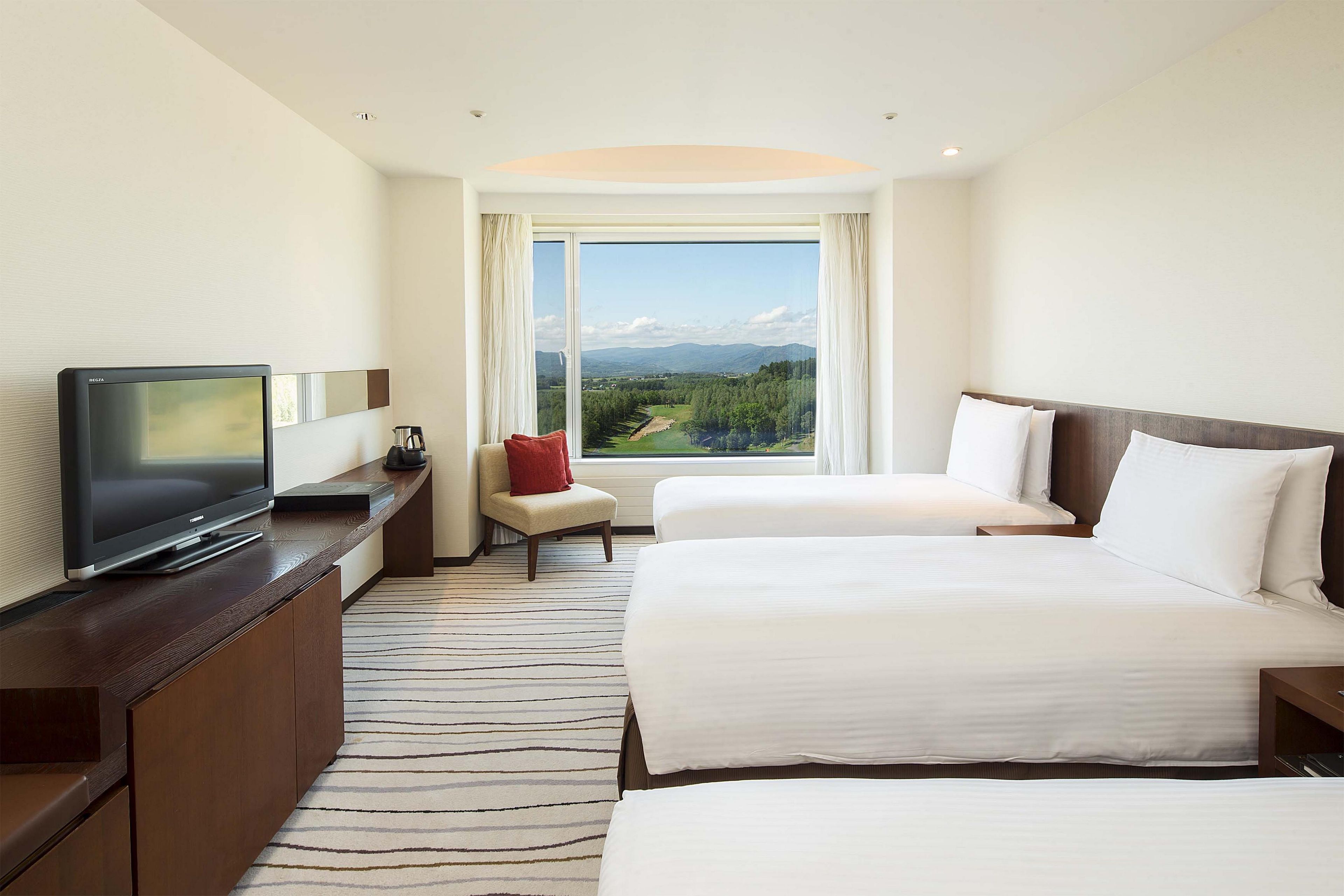 Habitación de hotel con televisión, escritorio, dos camas, una silla y un amplio ventanal con vistas al campo.