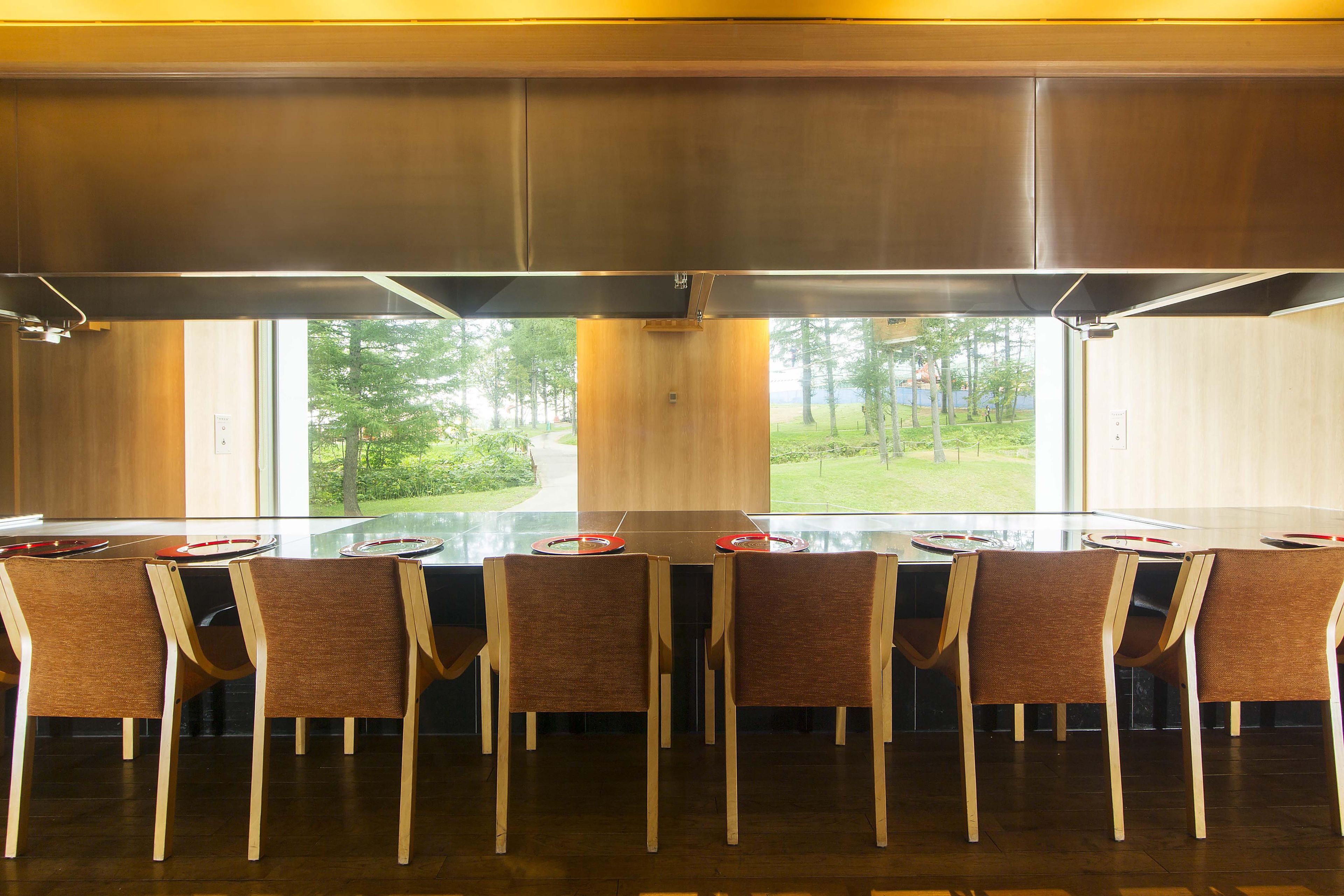 Un comedor moderno con una mesa larga y seis sillas, ventanas amplias con vistas a un paisaje verde, y un techo de acero inoxidable.