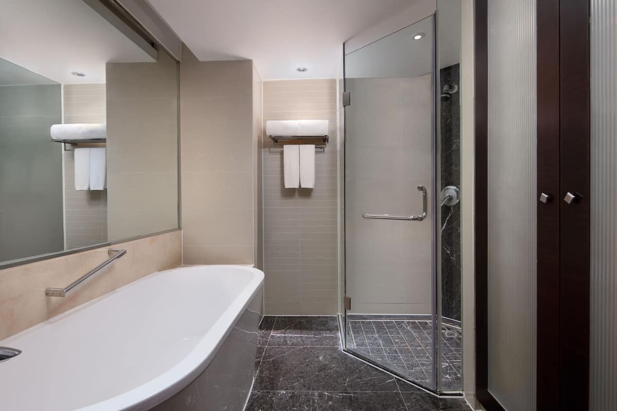 A modern bathroom with a glass-enclosed shower, a white bathtub with a handrail, and a towel rack with towels.