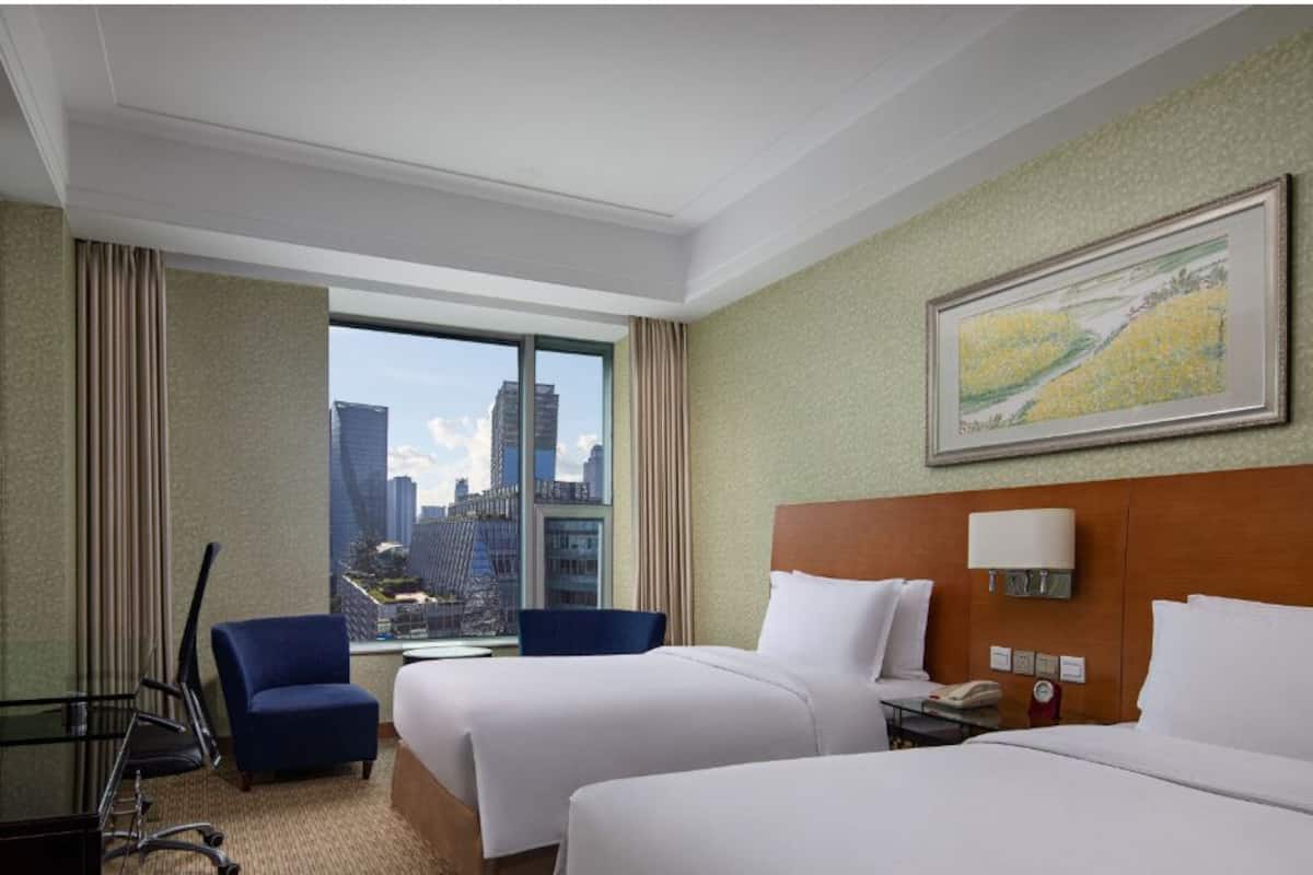 A hotel room with two beds, a desk, a chair, a TV, and a window with a city view.