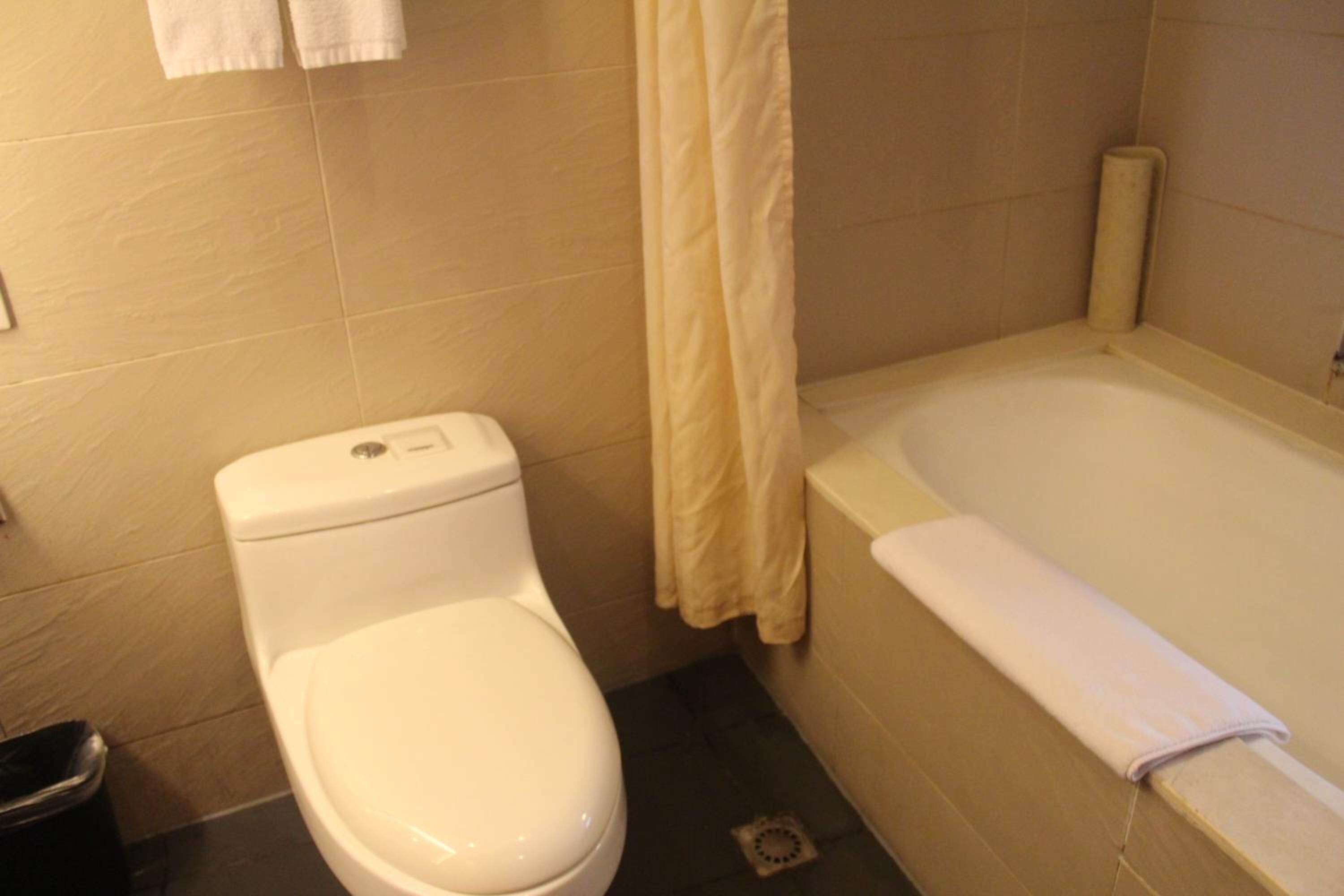 separate bathtub and shower, deep-soaking bathtub, rainfall showerhead