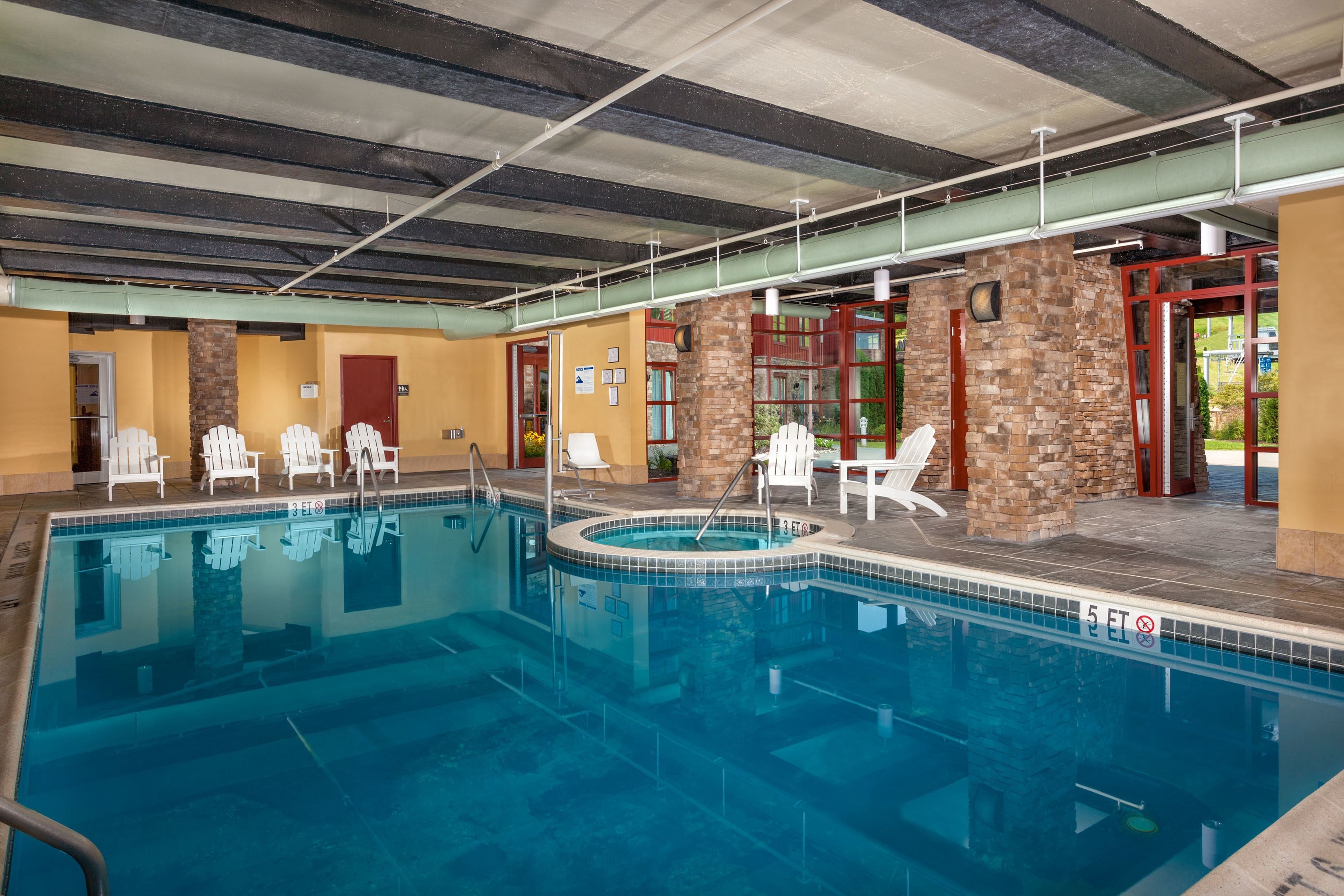 indoor pool, outdoor pool, open 10 am to 10 pm, pool loungers
