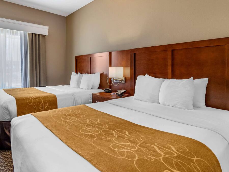 A hotel room with two beds, a wooden headboard, a bedside table with a lamp, and a view of the outdoors through a window with sheer curtains.