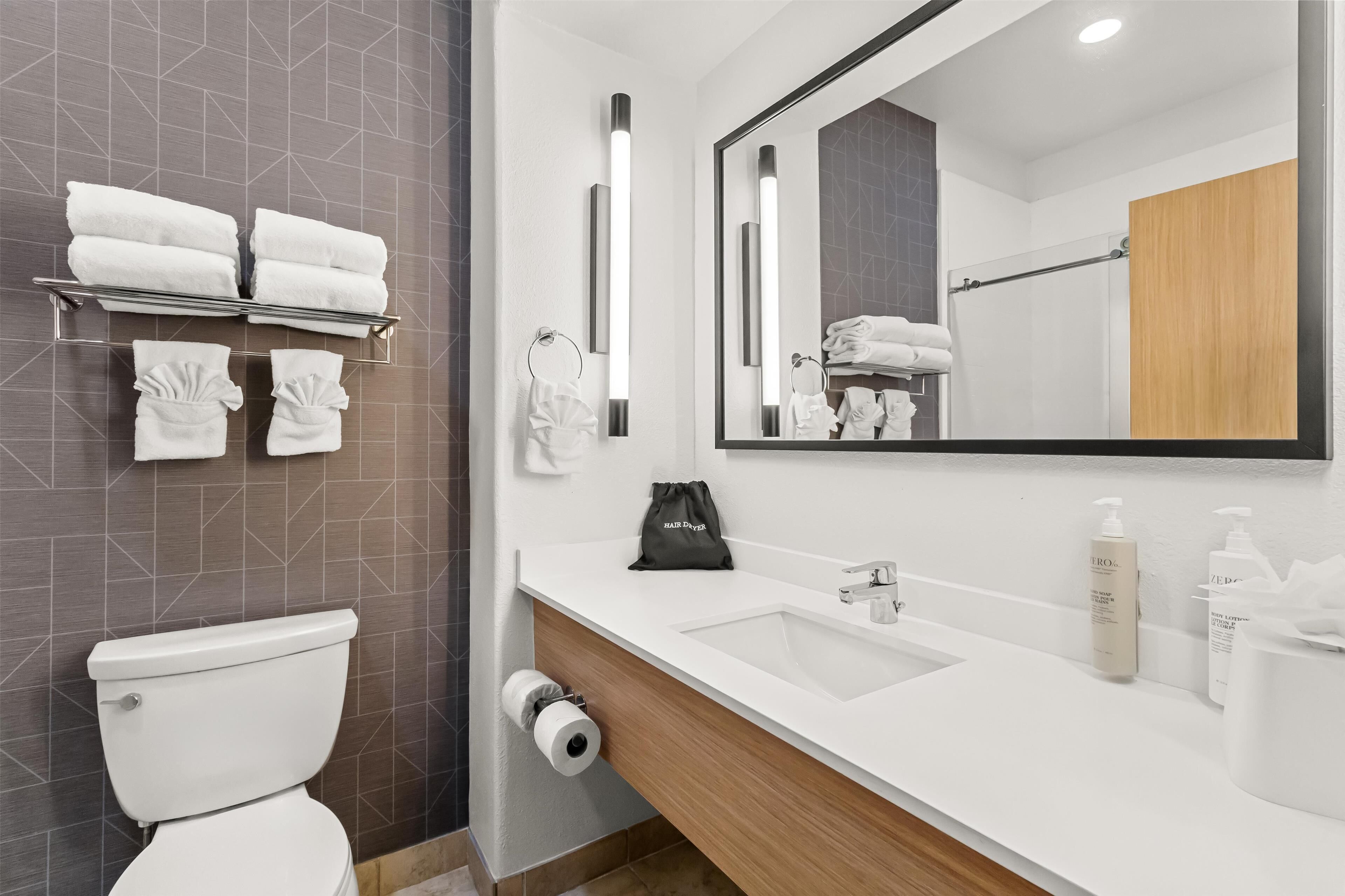 combined shower/bathtub, free toiletries, hair dryer, towels