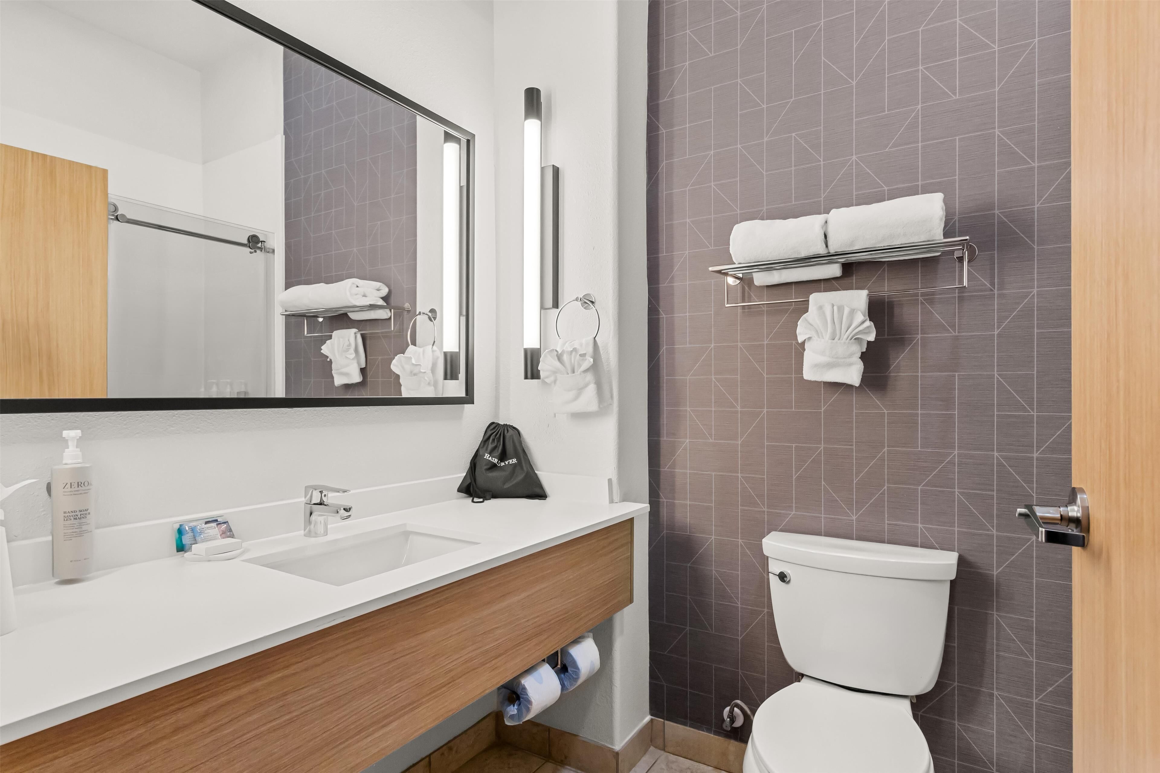 combined shower/bathtub, free toiletries, hair dryer, towels