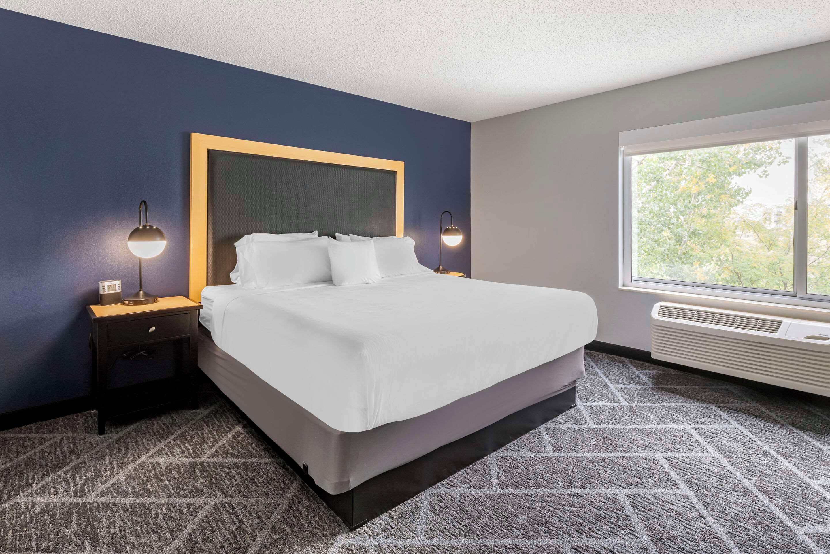 Quarto de hotel com uma cama grande, duas mesas de cabeceira com luminárias, uma janela com vista para árvores e piso coberto de carpete.