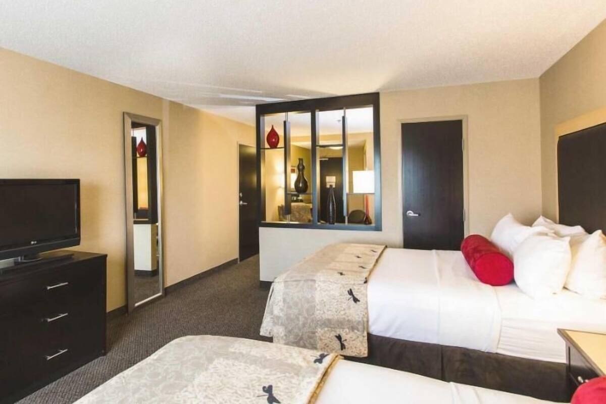 Habitación de hotel con una cama, televisión, cómoda y espejo.