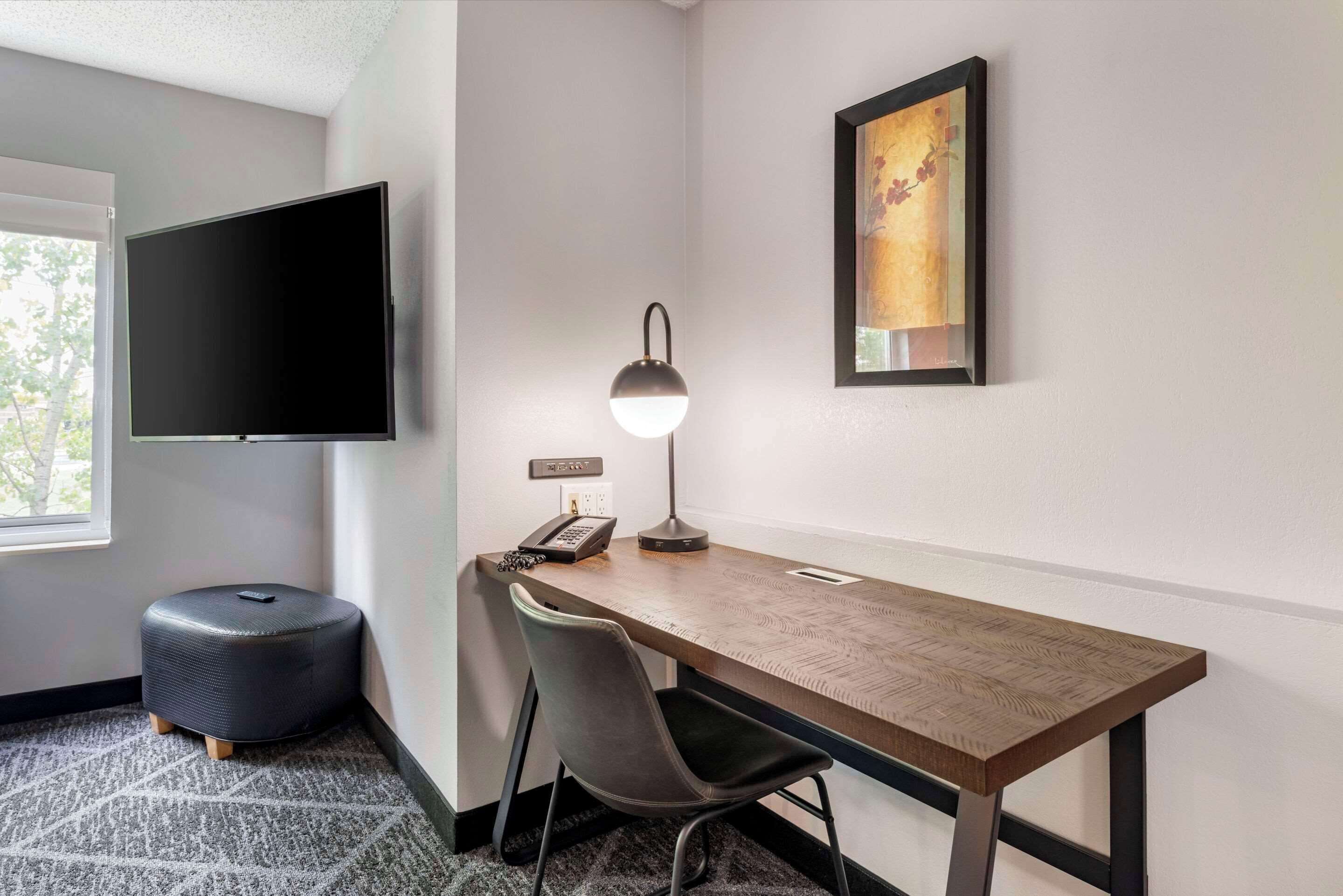 premium bedding, desk, laptop workspace, blackout curtains