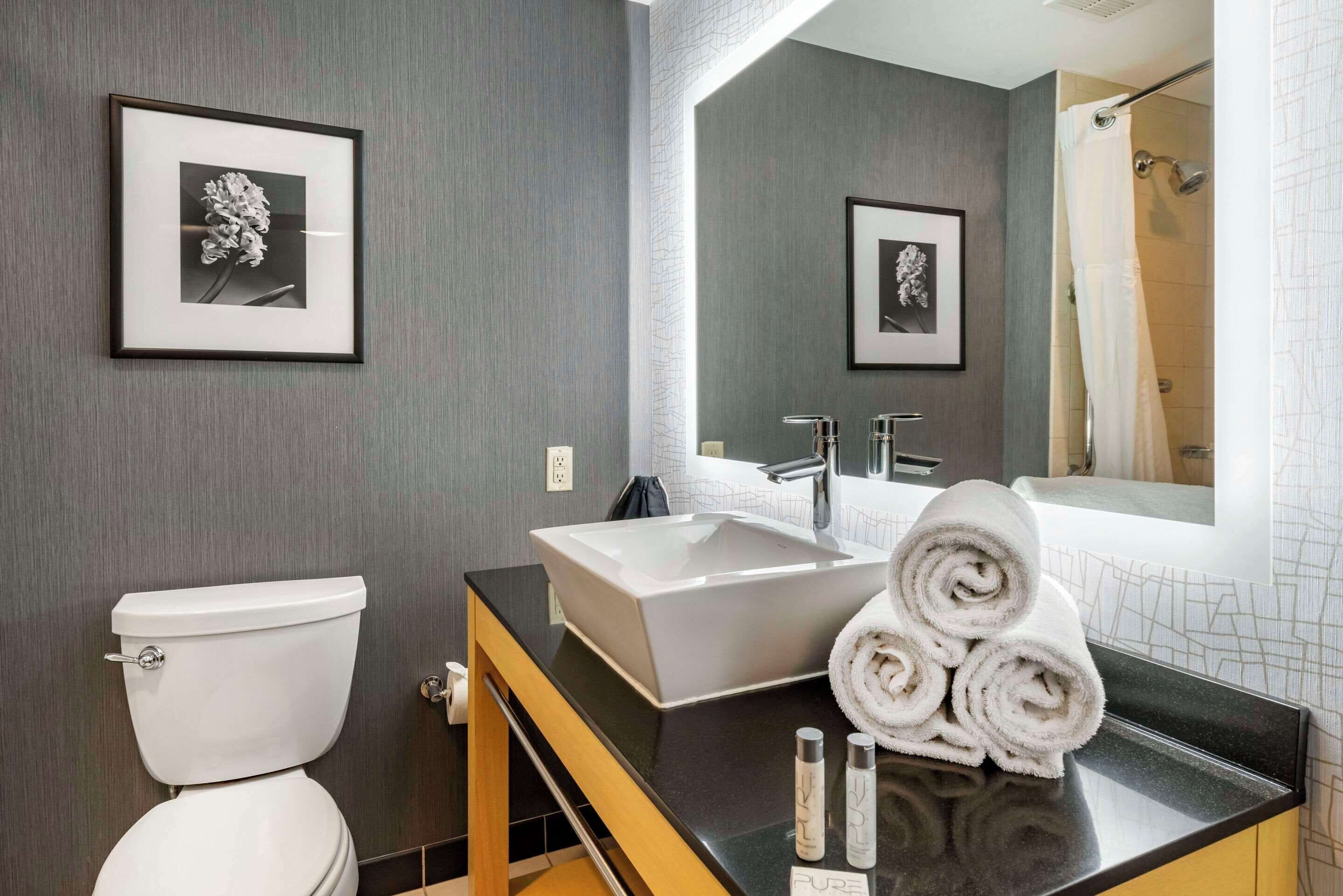 A modern bathroom with a white toilet, a large rectangular sink, and a mirror above the sink. There are framed pictures on the wall, a towel rack with rolled towels, and a shower curtain visible in the reflection.