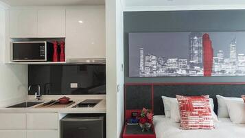 Fridge, microwave, electric kettle, toaster
