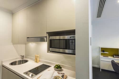 Fridge, microwave, electric kettle, toaster
