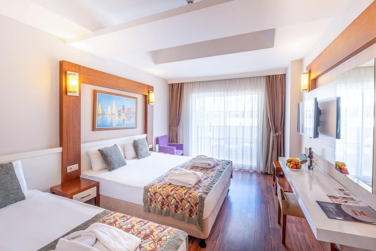 Habitación de hotel con dos camas, un escritorio, un televisor de pantalla plana, un cuadro en la pared y una ventana con cortinas.