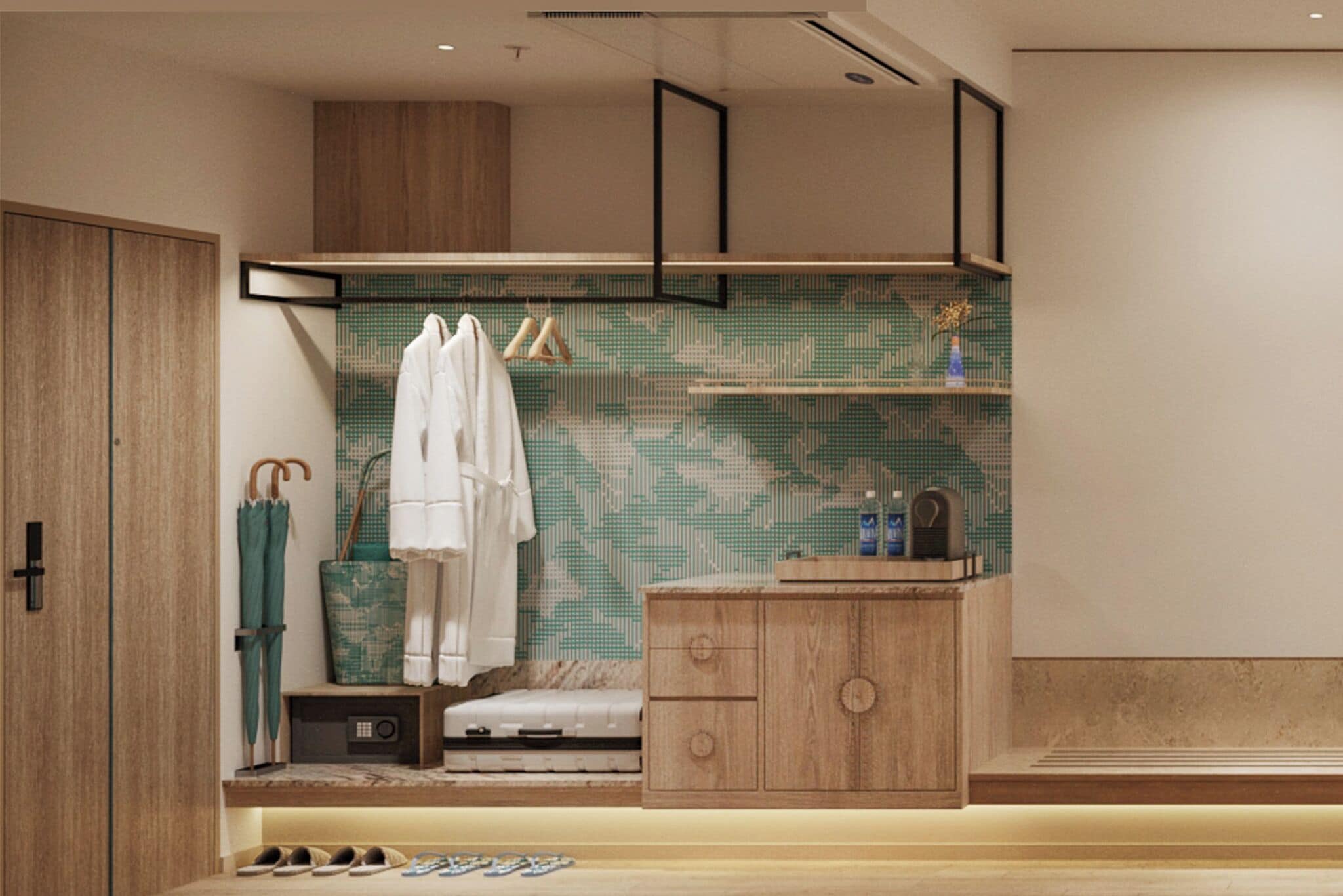Une salle de bain avec un meuble-lavabo en bois, un porte-serviettes, un mur à motifs verts et une paire de chaussures posées sur le sol.