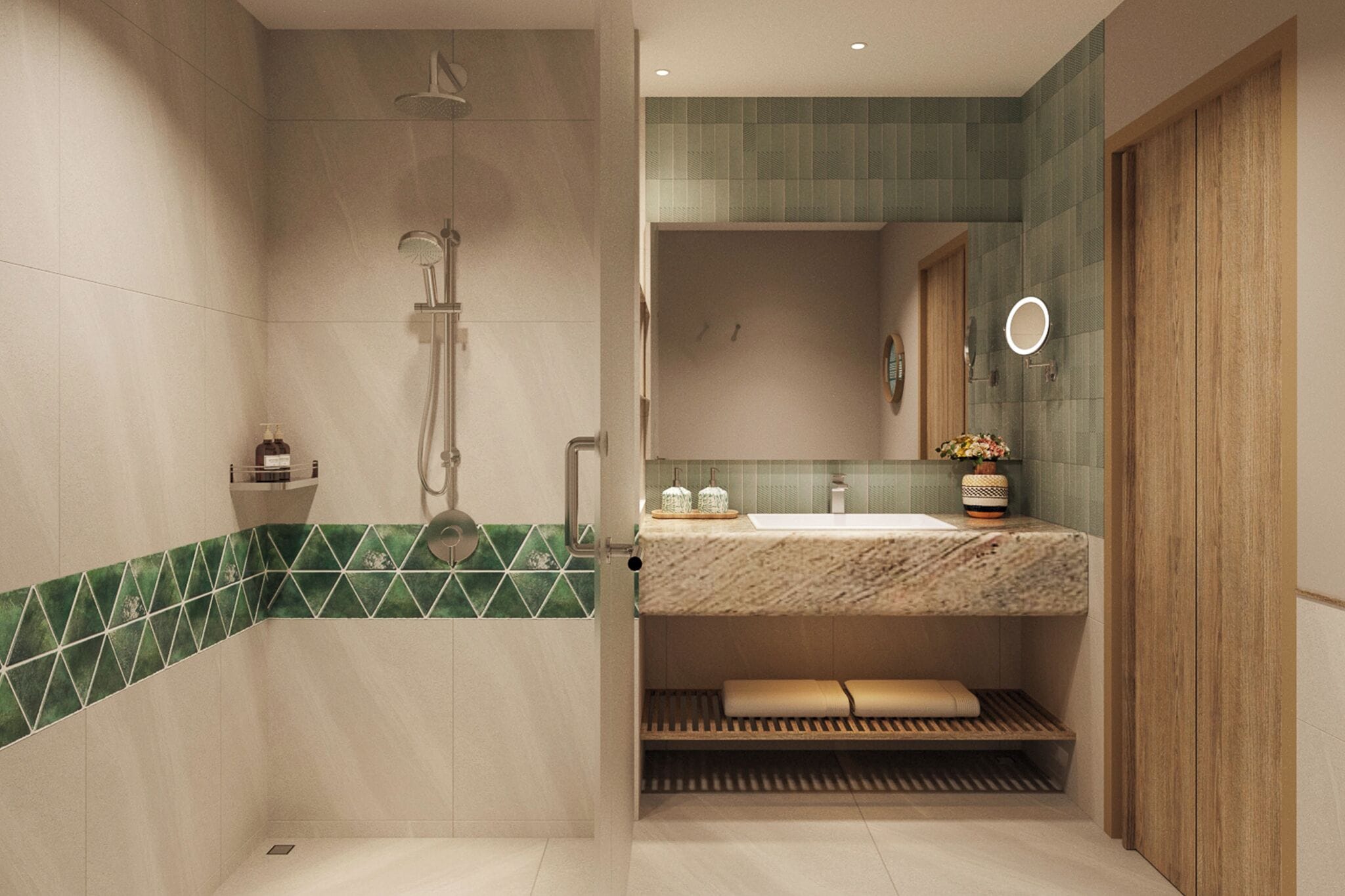 A modern bathroom with a shower, vanity, and a wooden door.