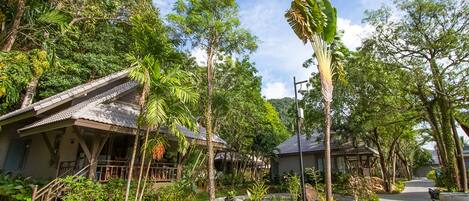 A tropical resort with traditional architecture, lush greenery, and a clear sky.