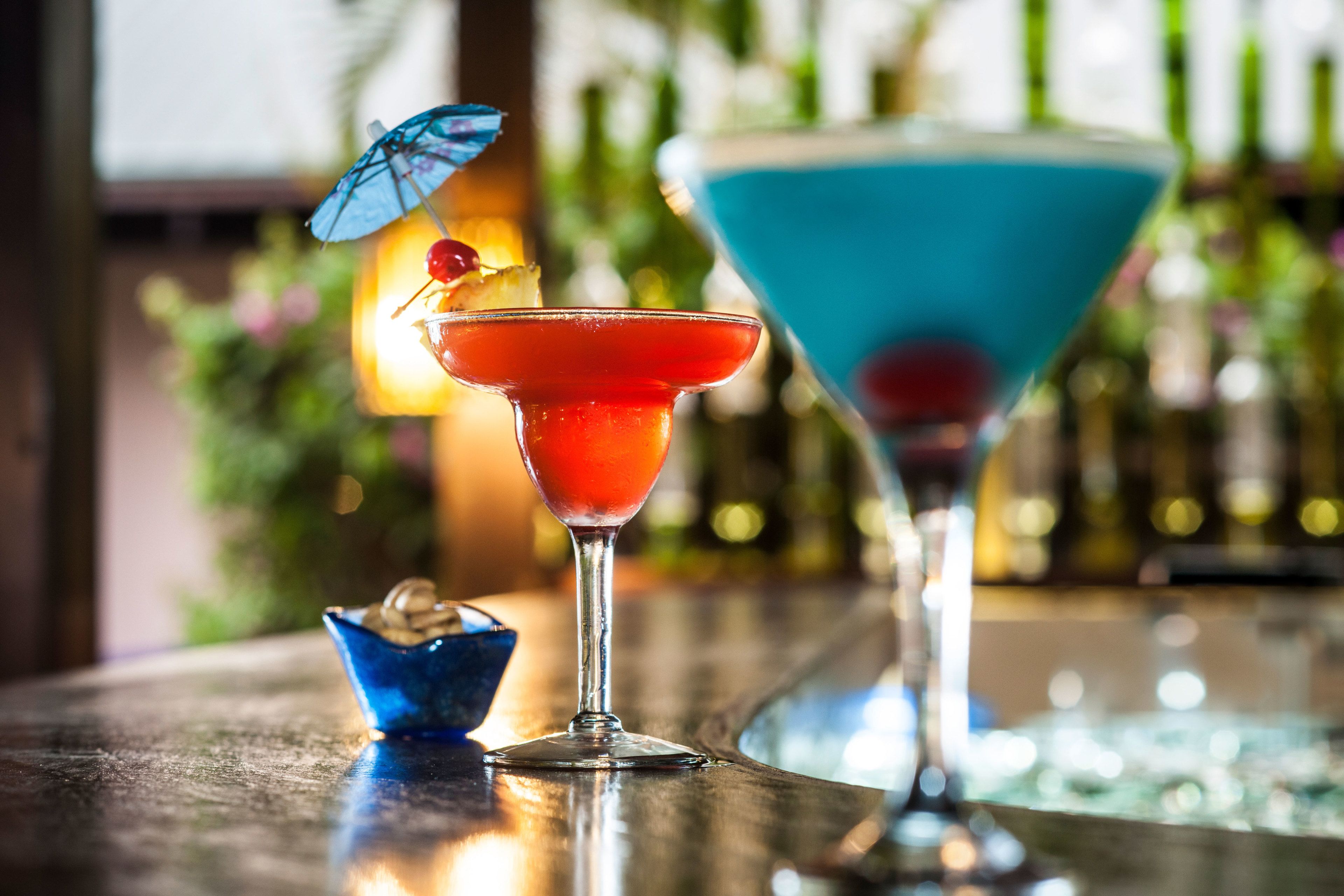 Two cocktails on a bar counter with a blurred background of bottles and greenery.
