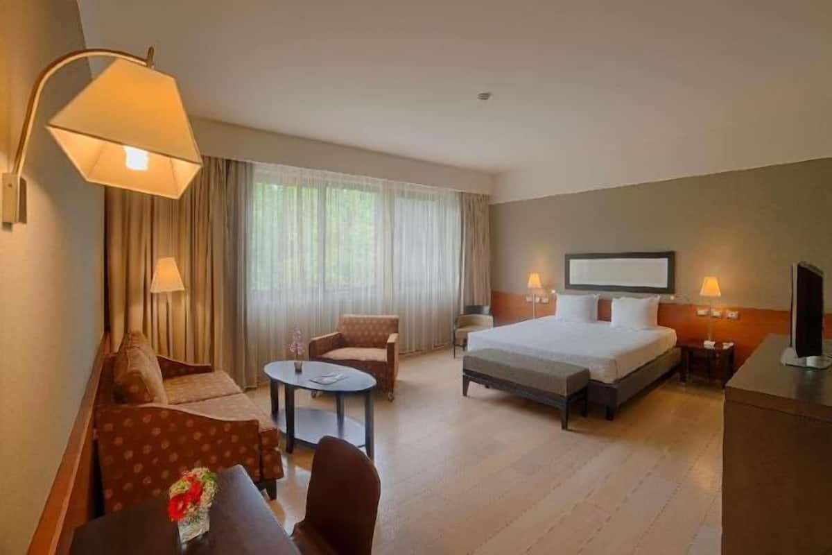 ألحفة محشوة بالريش وميني بار وخزنة داخل الغرفة ومكتب