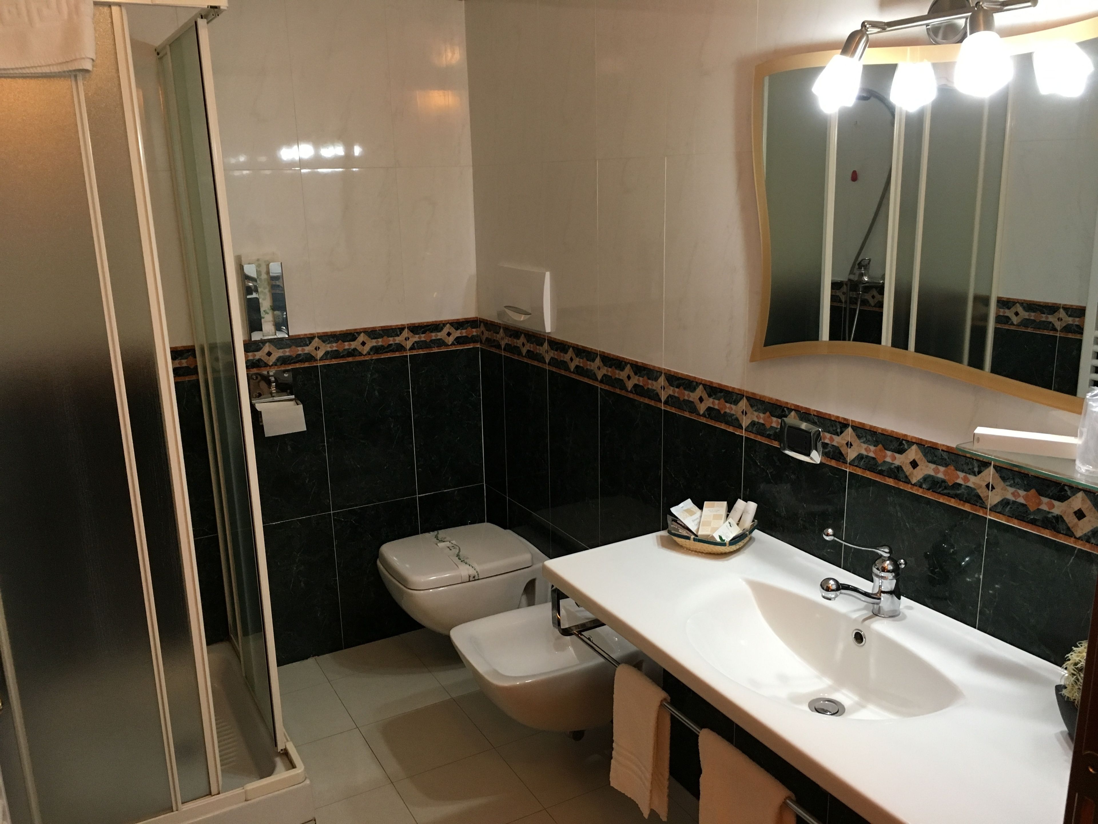 Un bagno con doccia, servizi igienici, lavandino e uno specchio illuminato.