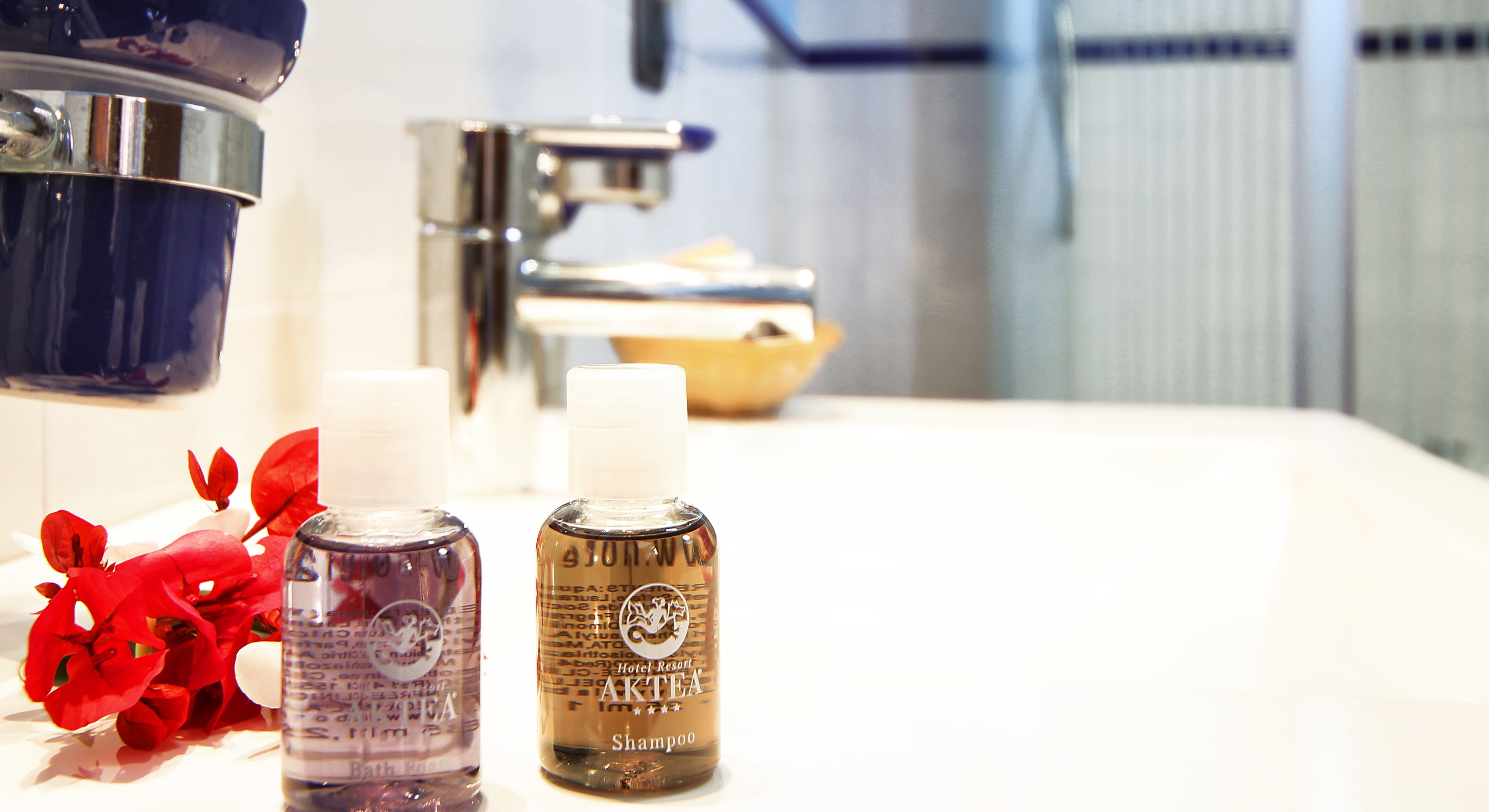 A bathroom counter with two bottles of shampoo and a bowl.