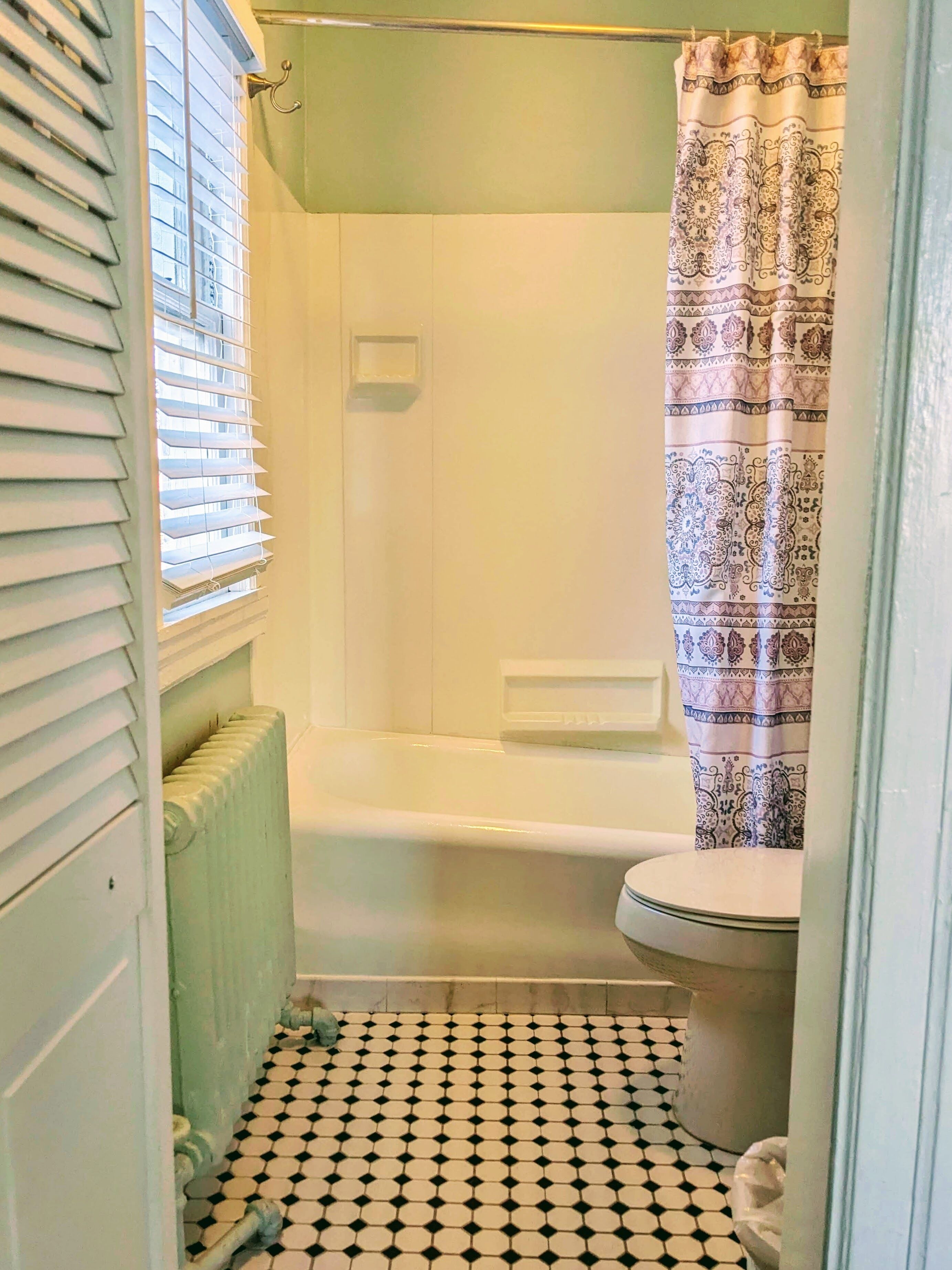A bathroom with a white bathtub, a toilet, and a shower curtain with a patterned design.