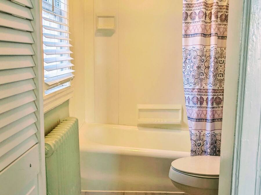 A bathroom with a white bathtub, a toilet, and a shower curtain with a patterned design.