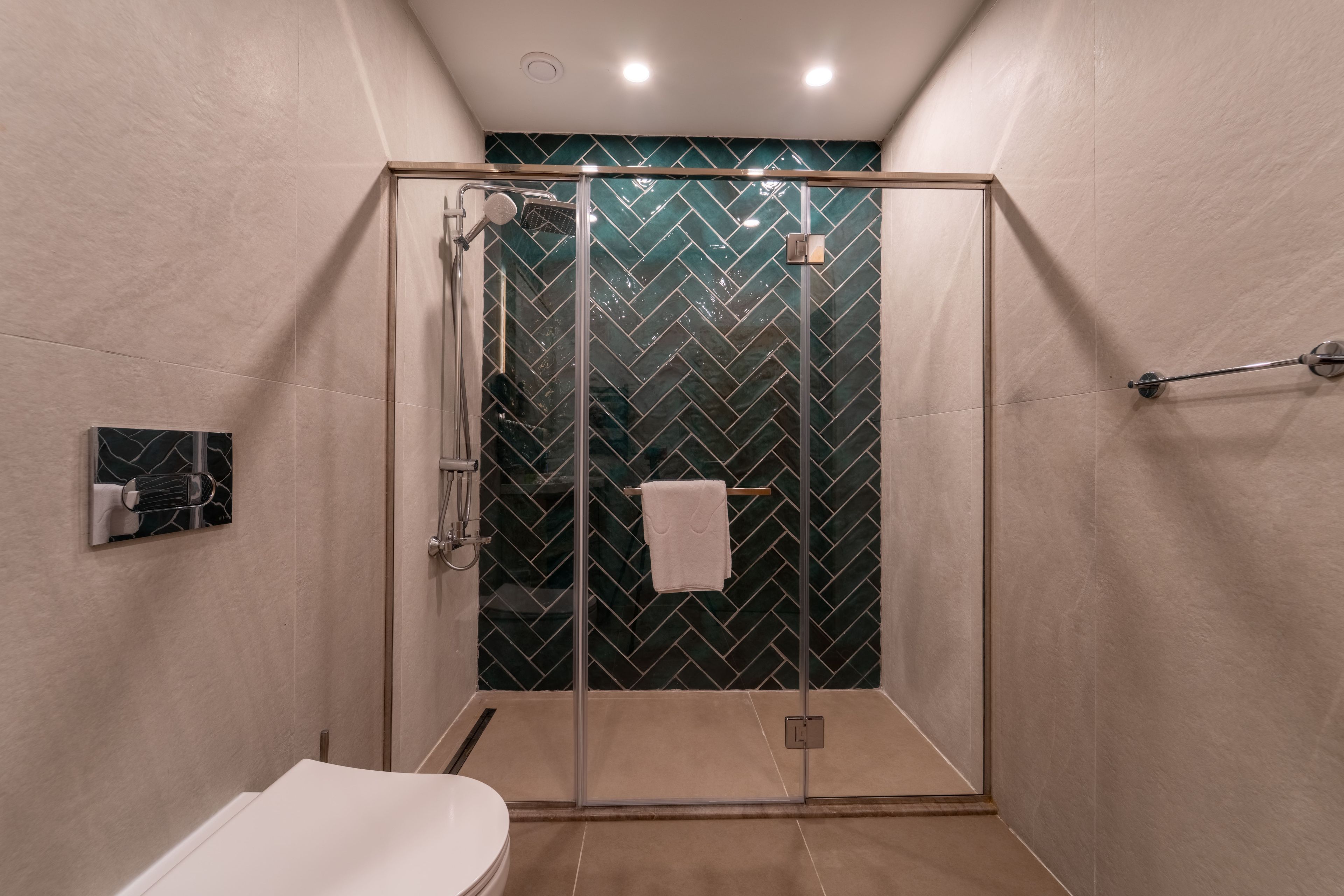 A modern bathroom with a glass-enclosed shower, a toilet, and a towel rack.