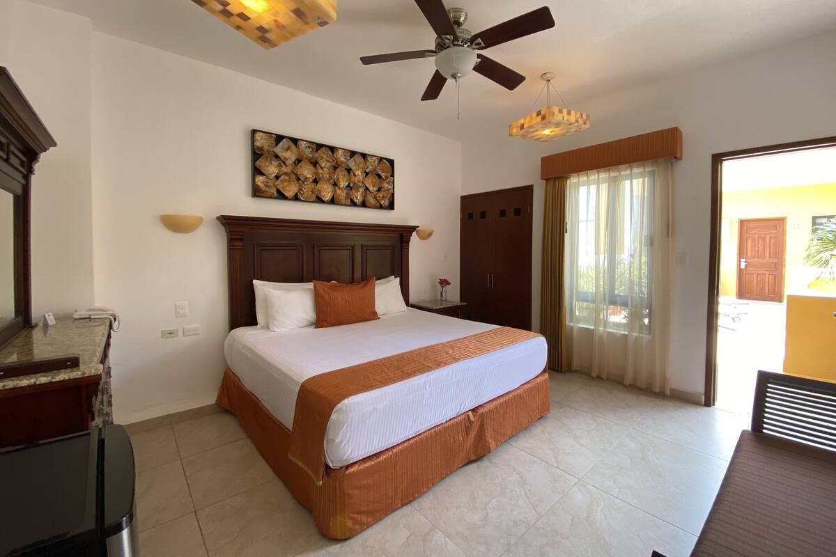 A hotel room with a bed, a ceiling fan, a wall-mounted artwork, a bedside table with a phone, and a door leading to an outdoor area.
