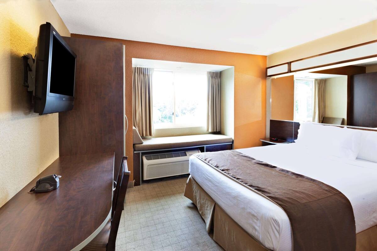 Une chambre d’hôtel avec un grand lit, un téléviseur à écran plat fixé au mur, une fenêtre avec des rideaux et une petite table avec une lampe.