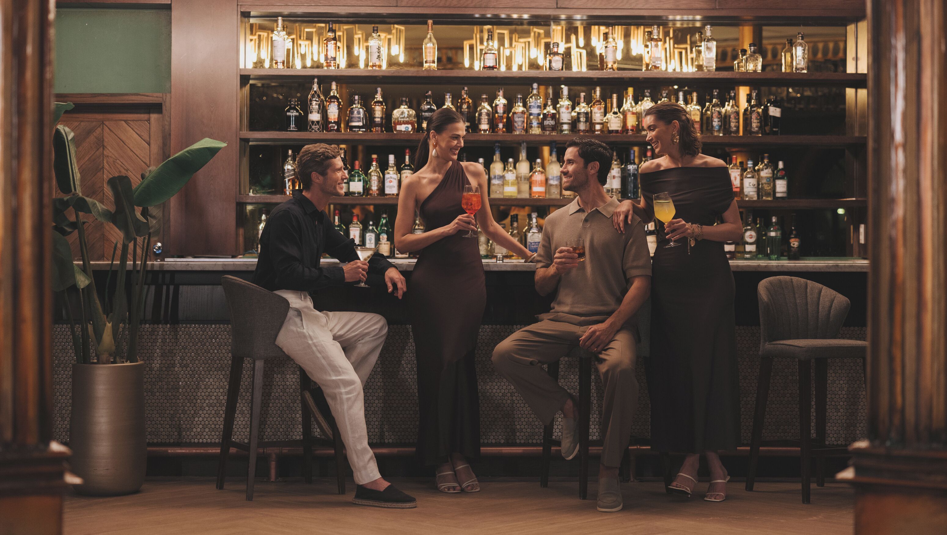 A bar area with multiple shelves of liquor bottles, a potted plant, and bar stools.