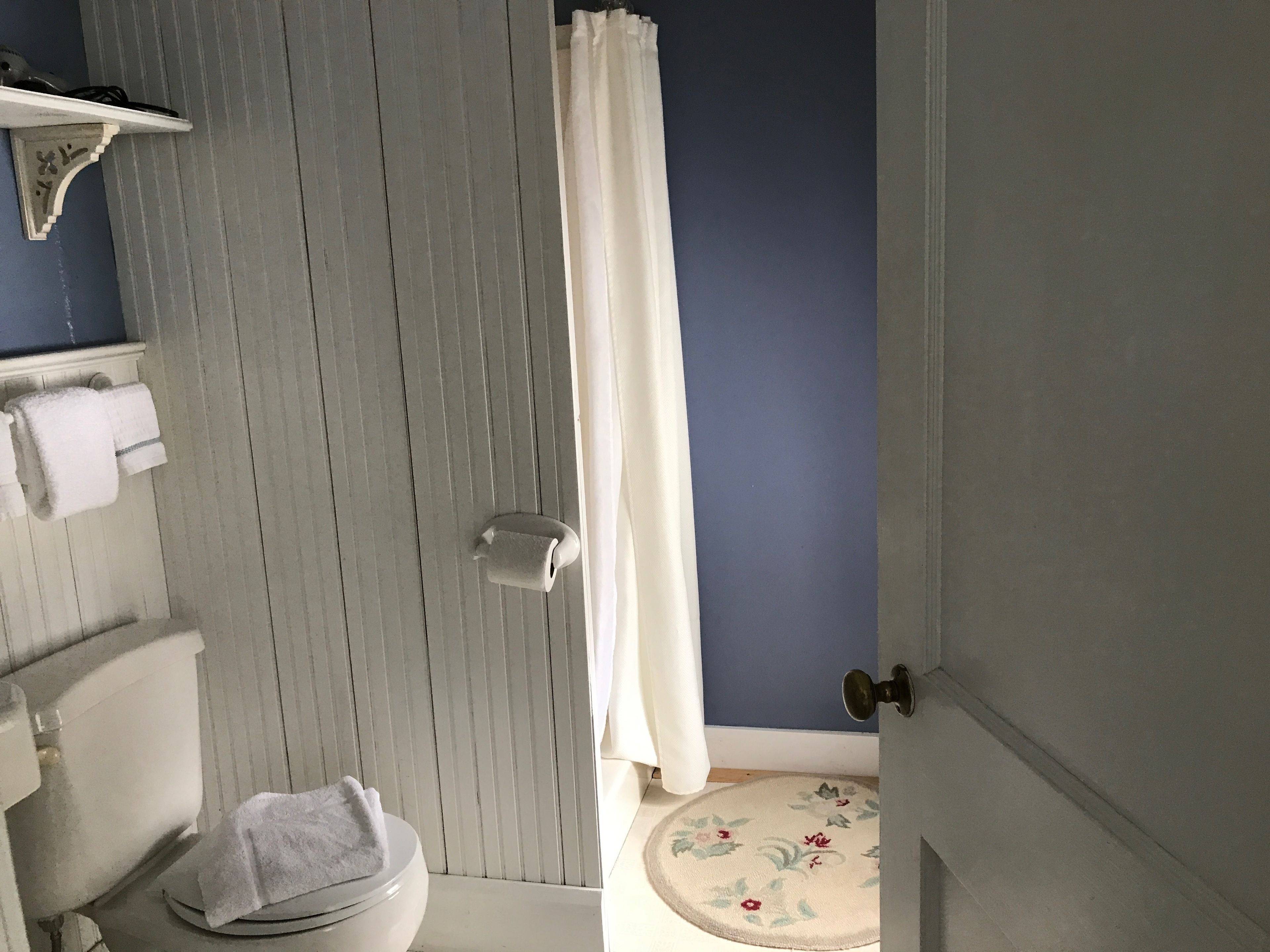 A bathroom with a toilet, a shower curtain, and a toilet paper holder.