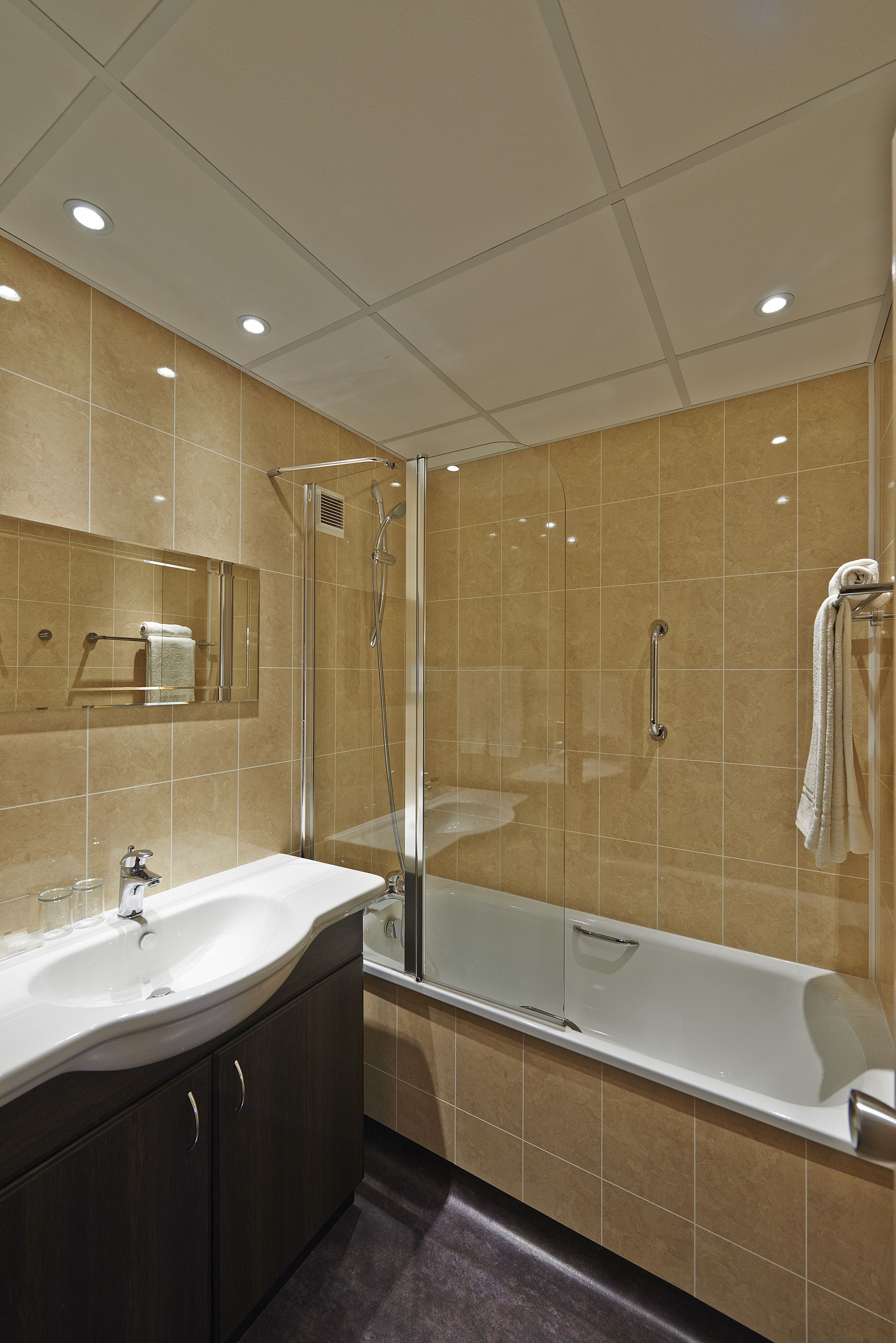 combined shower/bathtub, free toiletries, hair dryer, towels