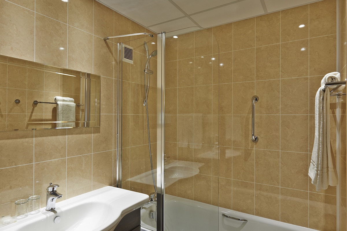 combined shower/bathtub, free toiletries, hair dryer, towels