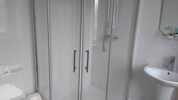 A modern bathroom with a glass shower enclosure, a white sink, and a toilet.